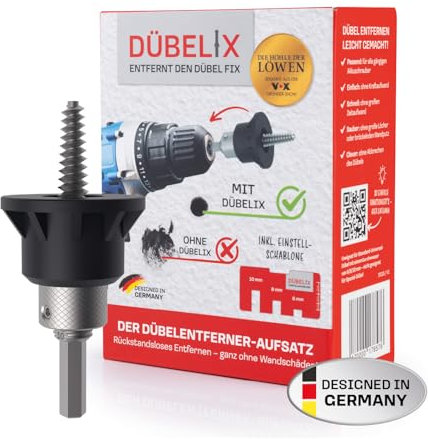 Dübelix Dübelentferner-Aufsatz | Entfernt Dübel rückstandslos - ganz ohne Wandschäden ! | Passend für jeden gängigen Akkuschrauber | Einfach und ohne handwerkliche Vorkenntnisse anwendbar