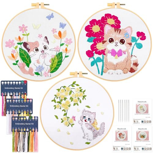 JSRQT 3 Stücke Stickerei Starter Kit mit Katzen und Blumen, Stickerei Kreuzstich Set Kit für Erwachsene Anfänger,Gestempelten Embroidery Set für DIY Kunst Handwerk