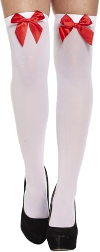 Ladies Girls Halloween Bloody Stripe Stockings, Womens Thigh High Hold Up Lace Satin Bow Stocking – Over Knee Long Socks Fancy Dress Party Props, White Holds Up Stockings With Red Bow