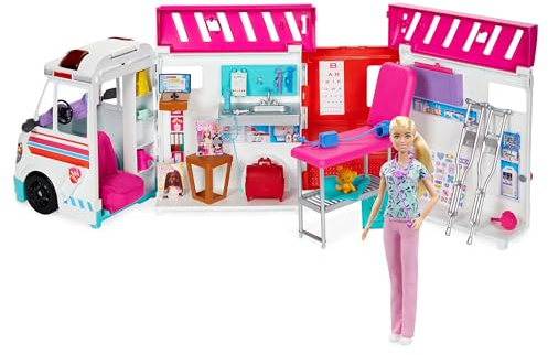 Barbie-Bundle, transformierendes Krankenwagen- und Klinik-Spielset (HKT79) + Barbie-Krankenschwester-Puppe (GTW39), 2 Spielzeuge für Kinder + 3 Jahre.