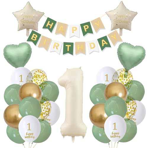 Luftballon 1. Geburtstag Junge Creme Grün Erste Kindergeburtstag Geburtstagsdeko 1 jahr Mädchen Junge Happy Birthday 1 jahre