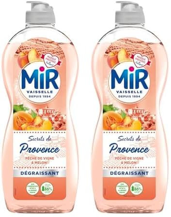 Mir Vaisselle - Secrets de Provence - Pêche de Vigne & Melon - Expérience Complète et Unique -Pouvoir Dégraissant -Sans Conservateurs - Sans Allergènes Parfum - Respect de la Peau - Bouteille de 675ml