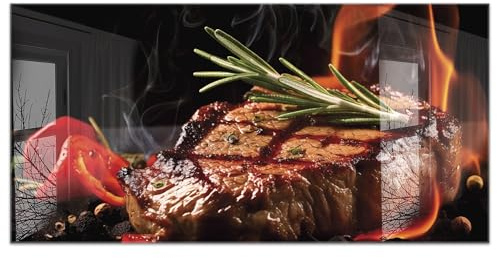 timalo Küchenbild aus Acrylglas modernes Wandbild Glasbild Deko Küche XXL Acryl-Bild wie Glas | 120x60cm Steak auf dem Grill - Grillen Barbecue BBQ