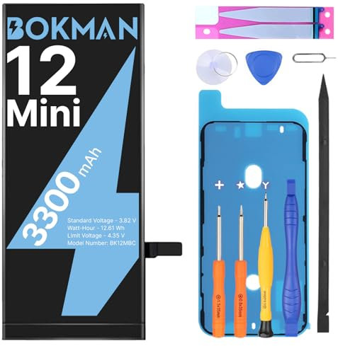bokman Akku für iPhone 12 Mini, Hohe Kapazität 3300 mAh Lithium-Polymer-Polymer-Akku mit Allen Werkzeugsets, Kompatibel mit A2176, A2398, A2399, A2400
