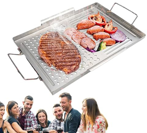 Piastra – Piastra piatta in acciaio, vassoi da portata con manici, utensili da cucina durevoli per grigliare carne, verdure, frutti di mare, barbecue all'aperto, campeggio, cucina, 41 x 29 x 20