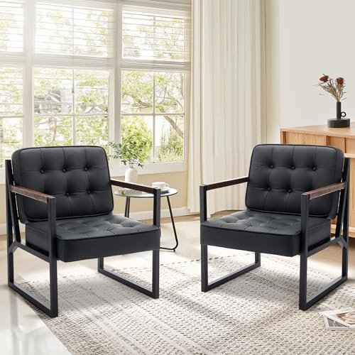 COLAMY Mid Century Modern Accent Chair Set of 2, Comfy Living Room Armchair with Metal Legs, Faux Leather Reception Arm Chair for Living Room Bedroom Reception Office, Black