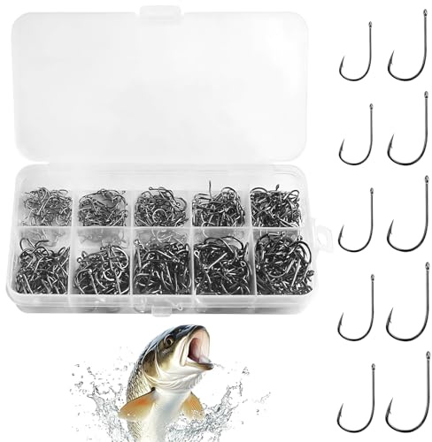 500 PCS Barbed Fishing Hooks, Eyed Sea Fishing Hooks High Carbon Steel Carp Tackle Carp Circle Gear Extra Strong Sharp for Saltwater Freshwater Accessories 10 Sizes with Plastic Compartment Box