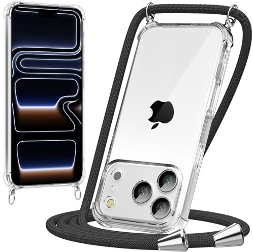 caslord Handyband kompatibel mit iPhone 17 Pro | Transparent Hülle mit Handykordel | Handyhülle für zum Umhängen | für Sport Reisen Partys Einkäufe Babypflege | Schwarz