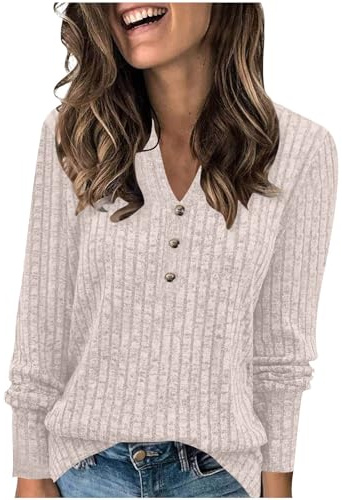 Ribbed Knit Pullover Sweater Women UK,Ladies Jumper Women's Long Sleeve Jumpers Lightweight Pullover V Neck Long Sleeve Shirts Tunic Sweaters Casual Loose Blouse Top Going Out Wear