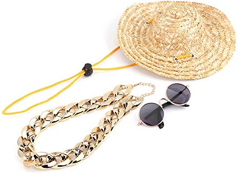 ZAICOLER Dog Sunglasses, Pet Sunglasses Retro Straw Hat Collar Cat Necklace Pet Photography Accessory Hats For Cats Costume For Puppy Small Medium Dog (3 Piece Set)