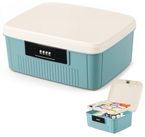 Yekolau Lockable Storage Box with Combination Code - Secure Document and ID Organiser, Waterproof Medication Case, Portable Food Safe Locking Box with Removable Tray for Home Office Travel (Blue)