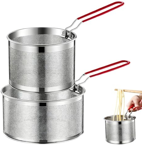 2 Stück Edelstahl Siebkorb Set,Körbchen Frittierkorb,Edelstahl Nudelkorb Küchensieb mit Griff,Vielseitig für Nudeln, Pommes, Gemüse(18cm&20cm)