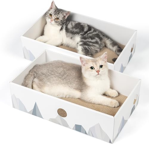 Conlun Cardboard Cat Scratcher Box, Scratching Board, 2-Pack, Large, White | Mess-free high-wall box, scratch-resistant pad,Protects Furniture, interactive holes, doubles as a cosy bed, includes catnip
