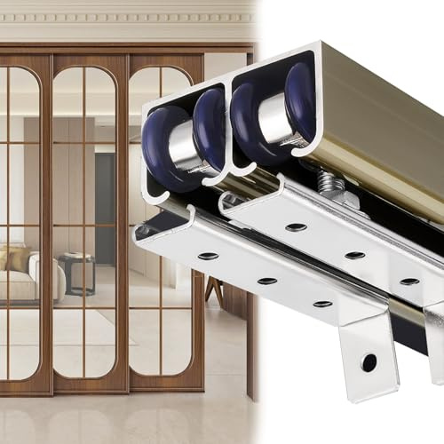 Double Closet Sliding Door Track Kit with Floor Guide and Rollers, 3.3-21.7 ft Heavy Duty Bypass Barn Pocket Door Hardware Kit for Double Door - Ceiling Mounted, Easy to Install(White,3.0m/9.8ft)