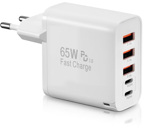 USB C Ladegerät, 65W 5 Ports Schnellladegerät mit USB-C und USB-A, PPS/PD 3.0 USB Mehrfach Ladegerät Netzteil für i-Phone 16 15 14 13 12 11 Pro Max, i-Pad,Handys