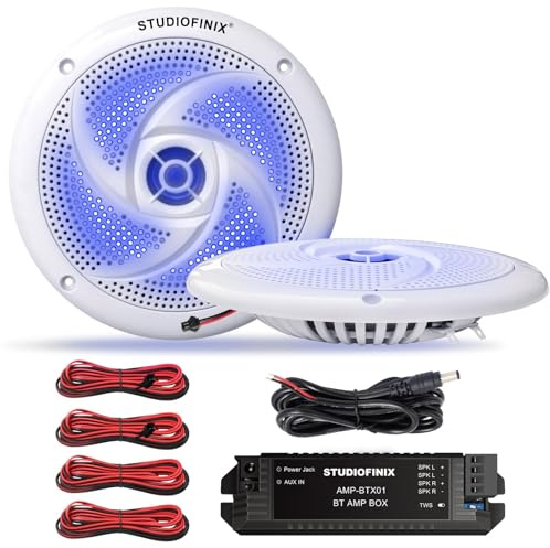 STUDIOFINIX 5,25 160W Altavoces Marinos Bluetooth Impermeables, 2 Vías Resistente a la Intemperie con Luces LED y Diseño Delgado, para Barco, Autocaravana, ATV, UTV, Carrito de Golf (1 Par, Blanco)