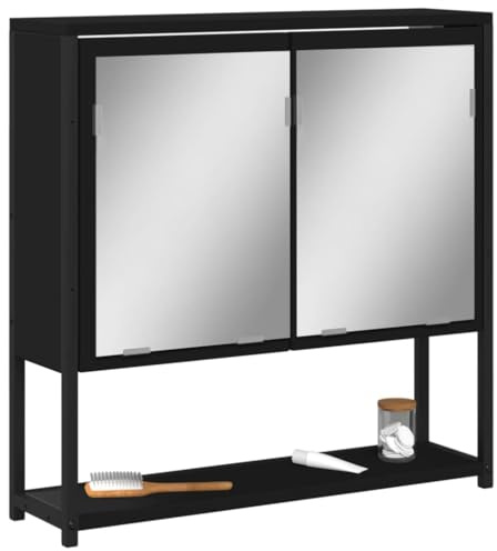 BARULUOAKLIFE Specchio Armadietto Bagno Nero 60x16x60 cm con Montaggio a Parete, Mobile Specchio Toilette in Legno Multistrato e Vetro, Ampio Spazio Portaoggetti