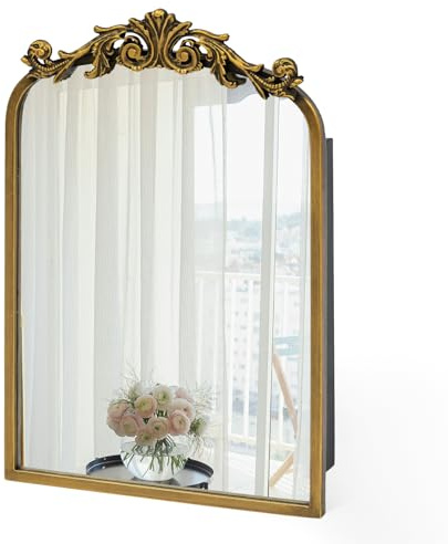 Awhtixbo 40x60cm Badezimmer Spiegelschrank mit großem Spiegel & Stauraum (38x43x10cm) - Spiegelschrank für Bad mit Resin-Blumen, Antik Gold