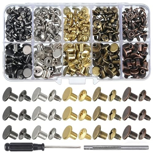 GIONAR 150 Sets Rivet Cuir, Rivets pour Cuir en Alliage de 5 Couleurs, avec 1 Poinçon et 1 Tournevis, pour Artisanat à Faire Soi-même, Fabrication D'articles en Cuir, Vêtements et Reliure