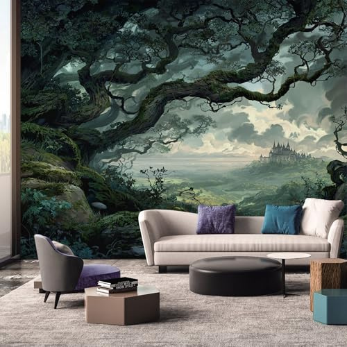 Generisch Tapete Fantasy, Vliestapete Magischer Wald Schloss Innen Wohnzimmer Küche Schlafzimmer Tapeten, Fantasy Wand Deko Wandtapete 400L x 280B cm