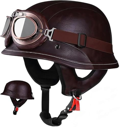Casco Moto Jet Mezzo Casco In Pelle Con Occhiali, ECE 22.06 Omologato, Casco Scodella Retrò Per Adulti Uomo Donna, Ideale Per Cruiser Scooter Chopper, Marrone 9,M/(54~57cm)