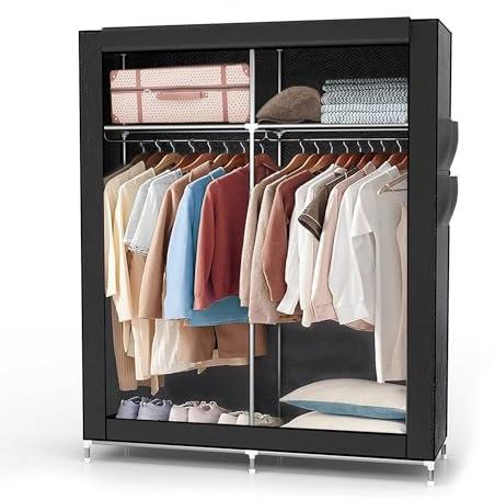 INTIRILIFE Faltschrank 108x170x45 cm in Raben SCHWARZ - Stoffkleiderschrank mit Reißverschluss und Kleiderstange, Seitentasche und Fächern - Steckregal, Metallrahmen, Aufbewahrung