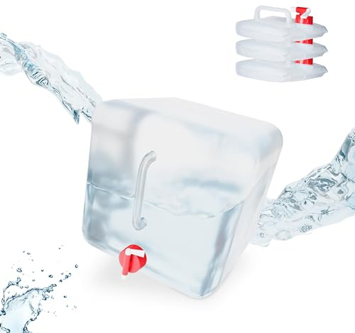Relaxdays Faltkanister 4er Set, Hahn, Schraubdeckel, Griff, Wassertank Camping, BPA-frei, ver. Größen, transparent/rot | Tragegriff, Wasserkanister Camping, BPA-frei