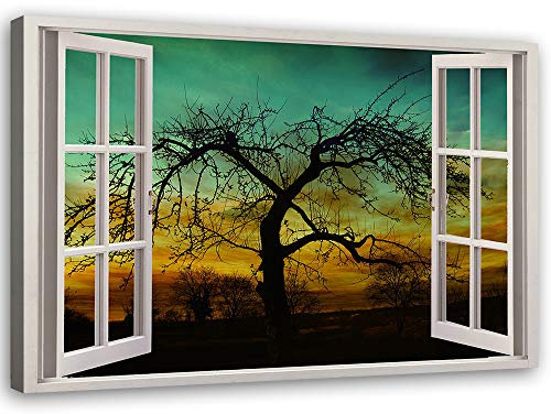 Feeby Leinwandbild Baum Bild Kunstdruck Fenster-Illusion Braun 30x20 cm