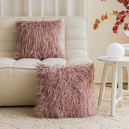 Home Brilliant Mauve Throw Pillow Covers Super Soft Plush Mongolian Faux Fur Cushion Case for Bed Sofa, Set of 2 (20 x 20 inch, 50cm), Dusty Pink