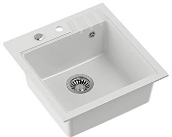 VBChome Spüle 52 x 50 cm Weiß Tiefes Becken 20cm Küche Einbauspüle Gesprenkelt Verbundspüle Küchenspüle Einzelbecken Einbauspüle Verbundspüle + Siphon