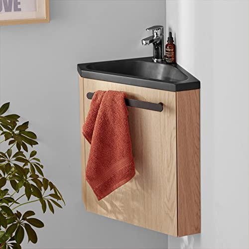 MOB-IN Meuble Lave-Mains SKINO décor chêne avec Vasque Noire + Robinet chromé