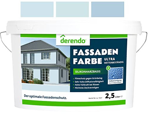 derendo Silikonharz Fassadenfarbe Blau ULTRA Wetterschutz Babyblau 2.5 l aussen Fassade Silikonharzfarbe mit Abperleffekt Lotus Blatt Fassadenschutz Schmutzabweisende Silikonharzbeschichtung