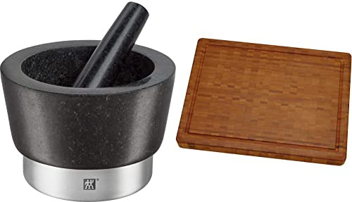 Zwilling Spices Mörser mit Stößel, Ø 11 cm, Granit, Schwarz & 30772100 Schneidbrett, Bambus, mittel 36 X 25.5 X 3 cm