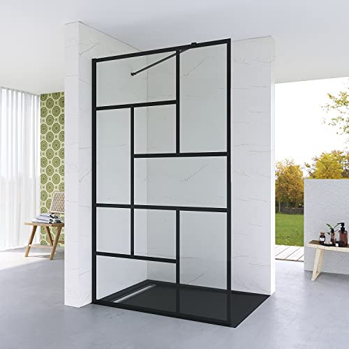 Duschwand Glas Duschabtrennung 120 x 200 cm Echtglas 8 mm Dekor Kariert Duschtrennwand Walk in Dusche Glastrennwand Nano Beschichtung Wandprofil schwarz matt verstellbarer Winkel Stabilisationsbügel