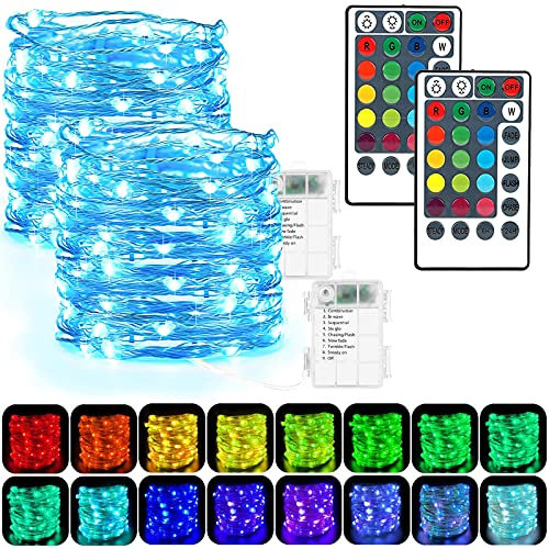 LED Lichterkette mit Batterie Innen 2 Stück 50 LED 16 Farbwechsel Akku RGB Lichterkette Superhelle Lichter mit Fernbedienung Timer für Weihnachtsdekorationen im Innen- und Außenbereich(rgb)