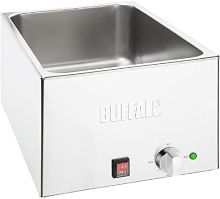 Buffalo Commercial Wet Heat Countertop Bain Marie, 20Ltr, 1.2kW Element | Adjustable temperature control holds pre-cooked foods, gravy or beans at precise serving heat for self-service buffets.
