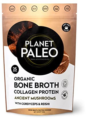 Planet Paleo Organic Bone Broth - Ancient Mushrooms (225g, 25 Servings) - Organic, Grass Fed, High Protein, with Reishi, Cordyceps, Lion's Mane and Shiitake - Adaptogens for Healthy Defences