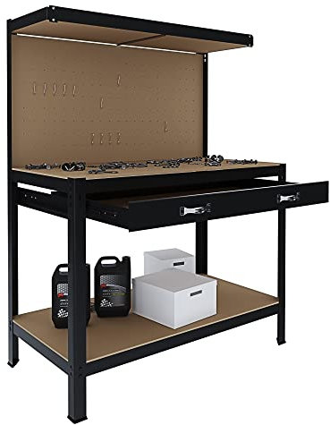BRICOZONE Banco Tavolo Da Lavoro Con Cassetto e Parete Pannello Forato A 3 Livelli Con Piano 120 x 60 Cm Porta Attrezzi Utensili Ideale Officina Garage Cantina Capannone Nero Portata Fino a 370 Kg