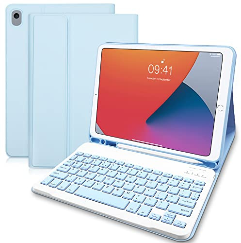Lielax Funda para Teclado para iPad de 10.2 Pulgadas 2021, Funda Protectora con Soporte para lápices y Teclado inalámbrico Desmontable (diseño del Reino Unido) para iPad de 9ª generación, Azul