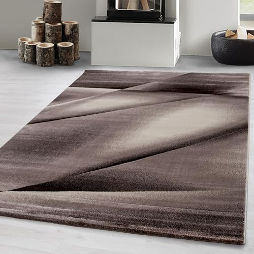 Carpetsale24 Kurzflor Teppich 140x200 cm, Modern Abstrakt Design in Braun Beige, Pflegeleicht, ideal für Wohnzimmer, Essbereich oder Jugendzimmer
