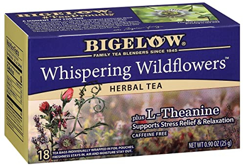Bigelow Whispering Wildflowers Herbal Tea Plus L-Theanine, Supports Stress Relief & Relaxation, Caffeine-Free, Kosher, Gluten Free & Non-GMO, 18 Tea Bags, 0.9 Ounce (Pack of 6)