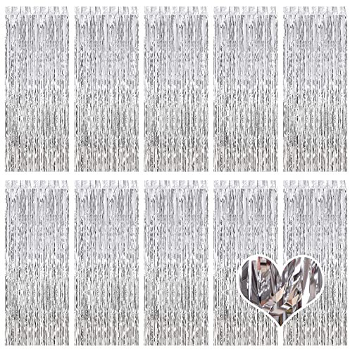 Ohiyoo 10 Stück Silber Lametta Vorhänge 1 x 2.5M Tinsel Curtain Folien Fransen Metallic Lametta Vorhange Silber für Geburtstag Partydekor Verlobung Hochzeit Weihnachten Neujahr Dekoration (Silber)