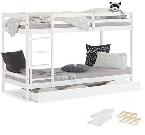Homestyle4u 2502 Etagenbett 90x200 Weiß - Kiefer Massivholz Hochbett Set | Stockbett inkl. 2 Matratzen, Lattenroste & Bettkasten - Kinderbett mit Rausfallschutz und Leiter wechselseitig montierbar