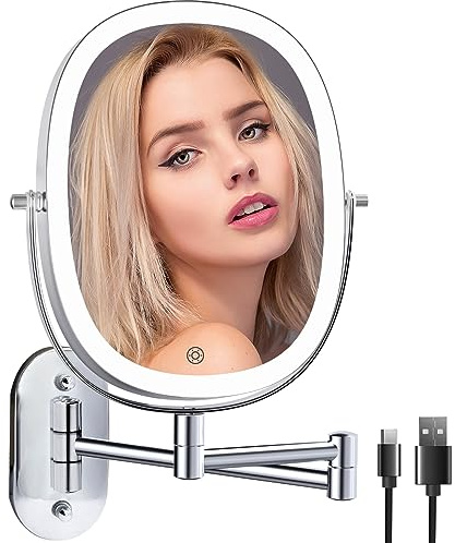 Specchio Cosmetico Da Parete Con Illuminazione - Ricaricabile, Ingrandimento 1x/10x, Dimmerabile, 3 Colori, Touchscreen, Girevole a 360° - Per Bagno e Barba