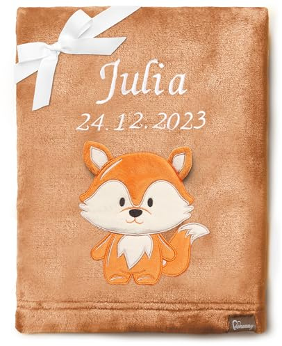 Be Mammy Personalisierte Babydecke mit 3D Applikation Warme Kuscheldecke mit Namen und Geburtsdatum; Perfektes Baby Geschenk; Blanket; Krabbeldecke BE20-280 (Braun - Fuchs)