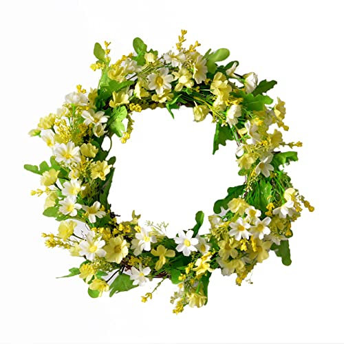 Corona de Crisantemo Artificial de 14.2 Pulgadas con Círculo de Ratán, Corona Floral de Seda Falsa con Hojas Verdes, Coronas de Primavera Y Verano para Puerta Delantera, Ventana, Pared, Boda,(#1)