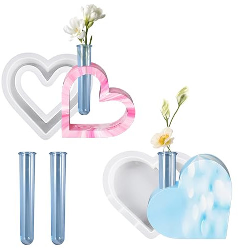 ZMDMAH 2 Stück Silikonform Herz, Silikonformen Gießformen, Blumenvase Epoxidharz Formen mit 2 ReagenzgläSern, Gießform Herz, Herzform Silikon, Silikonform Schale für Hydrokulturpflanzen