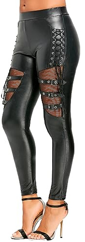 Nihsatin Fishnet Trim Lace Up PU Leather Pants Thin Lightweight Gothic Punk Leggings Black