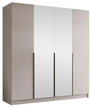 Mirjan24 Kleiderschrank mit Spiegel, Einlegeböden und Kleiderstange Salkor II, Vielseitiger Drehtürenschrank, Elegantes Kleiderschrank 4-türig (Cashmere/Cashmere + Schwarz)