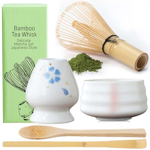 5er-Set Matcha Set, Matcha Besen Set mit Matcha-Schneebesen Matcha Schale aus Keramik Teelöffel Schneebesenhalter, Japanisches Zubehör für die Matcha-Zeremonie, Perfekte Set für die Zubereitung